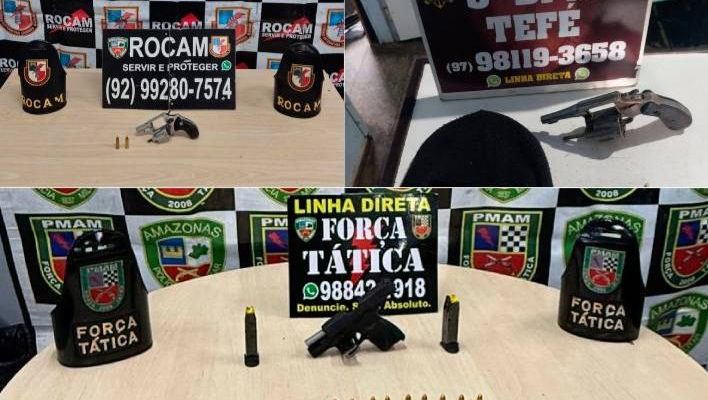 A Polícia Militar do Amazonas (PMAM) prendeu quatro pessoas e apreendeu duas armas de fogo, além de munições e entorpecentes, em ações realizadas na segunda-feira (10). As prisões e apreensões aconteceram no município de Tefé (a 523 quilômetros da capital).